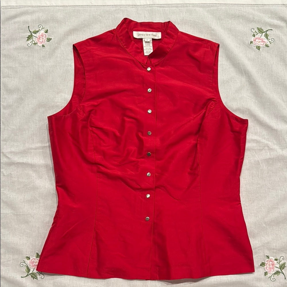 Jones New York Silk Red Sleeveless Mandarin Collar Top